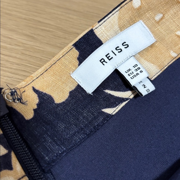 REISS (6) Floral Axelle Midi 100% Linen Skirt Front Slit Black Cream Slim Fit - Picture 10 of 15